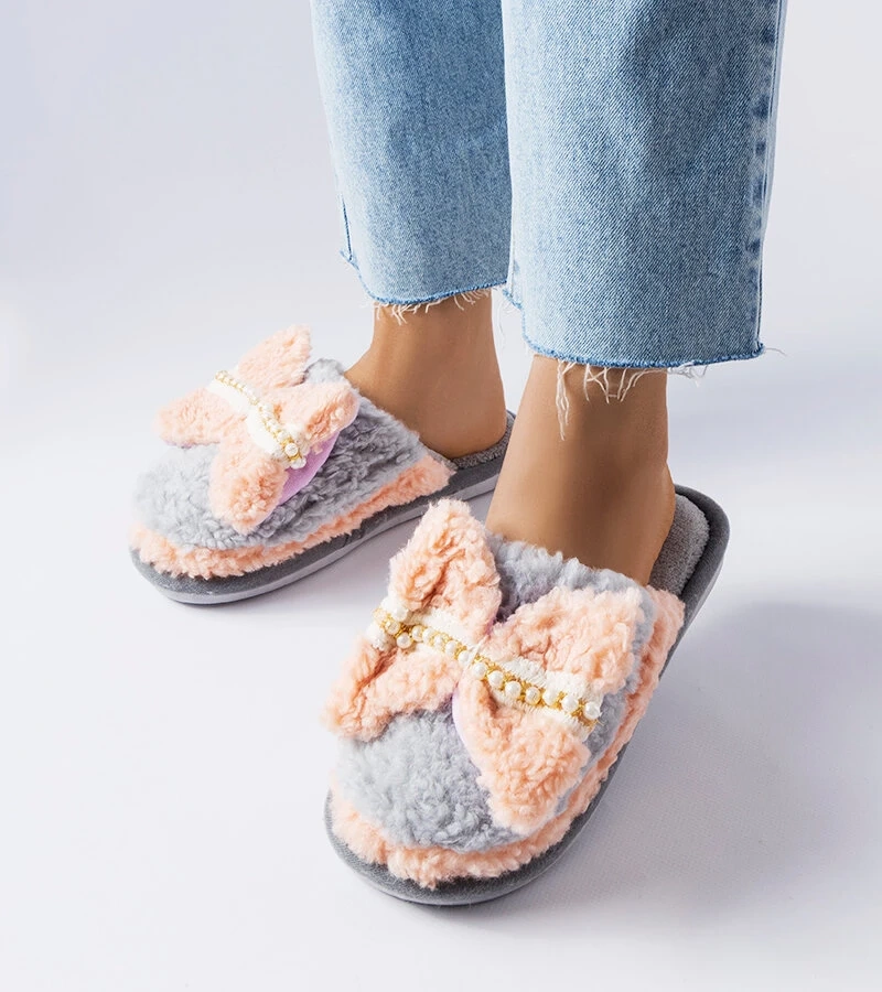 Papuci gri și roz cu fundiță Bow