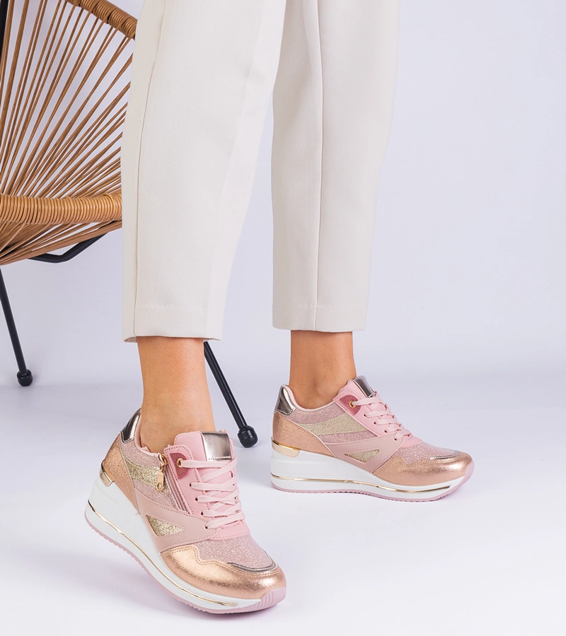 Adidași sport roz cu platformă decorați cu sclipici și inserție metalică Evklada