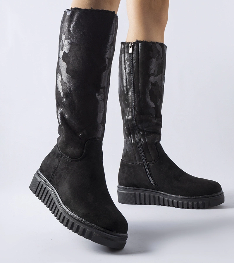 Cizme negre călduroase din piele ecologică cu aspect de catifea Piazzola