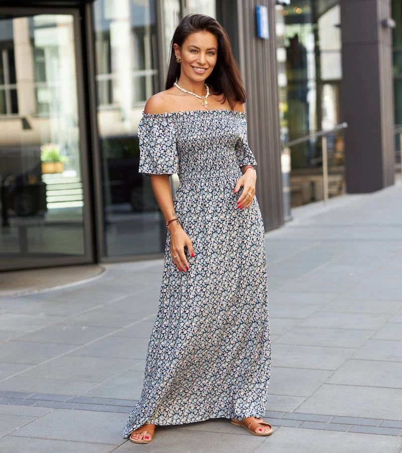 Ilario rochie maxi cu flori albastru marin