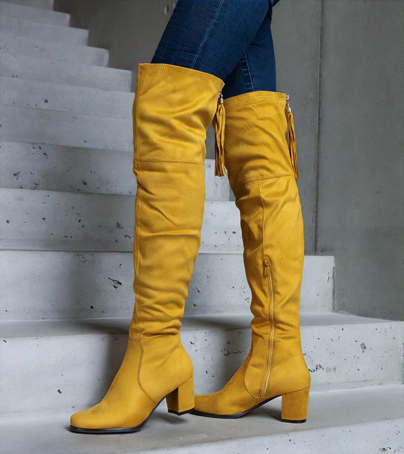 Cizme galbene peste genunchi cu toc gros din piele ecologică întoarsă Alane