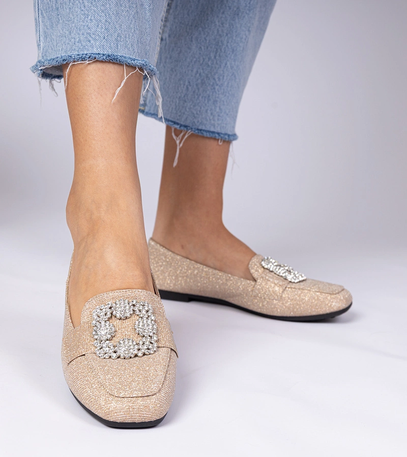 Mocasini strălucitori șampanie cu sclipici și zirconii Sawelia