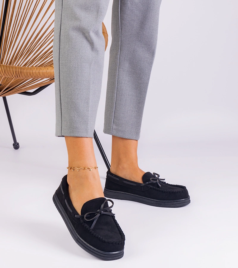 Mocasini negri de damă din piele ecologică întoarsă cu fundiță Sarina