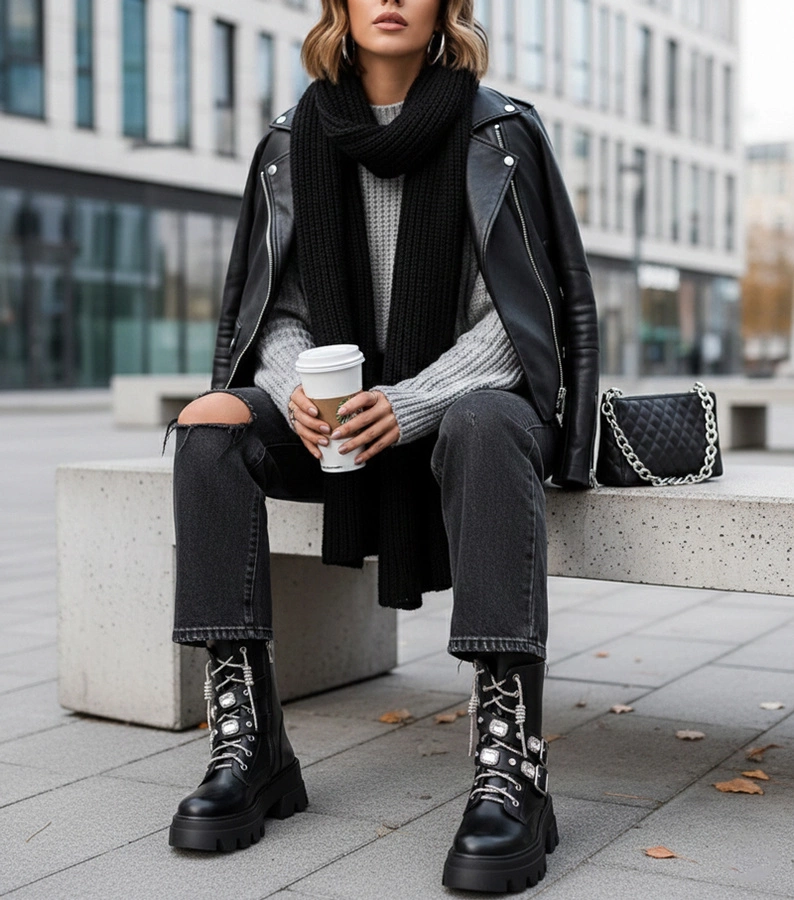 Botine negre pe platformă decorate cu strasuri Laroca