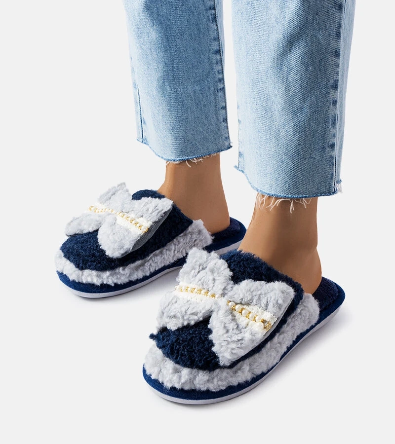 Papuci de casă gri-marină cu fundiță Fundiță
