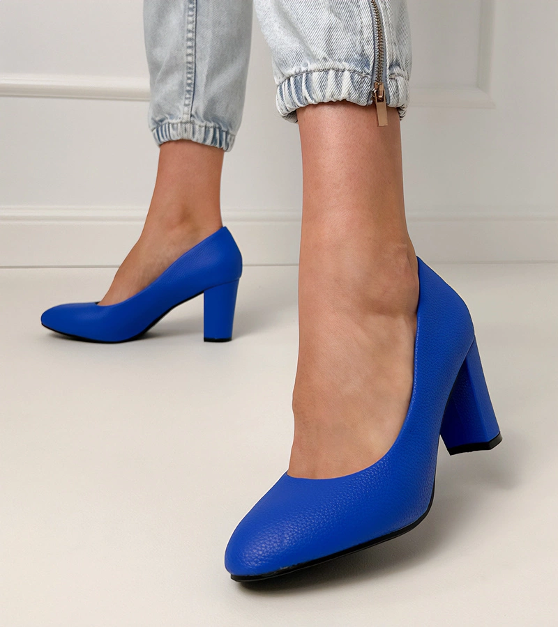 Pantofi clasici albaștri cu toc gros Elinsi