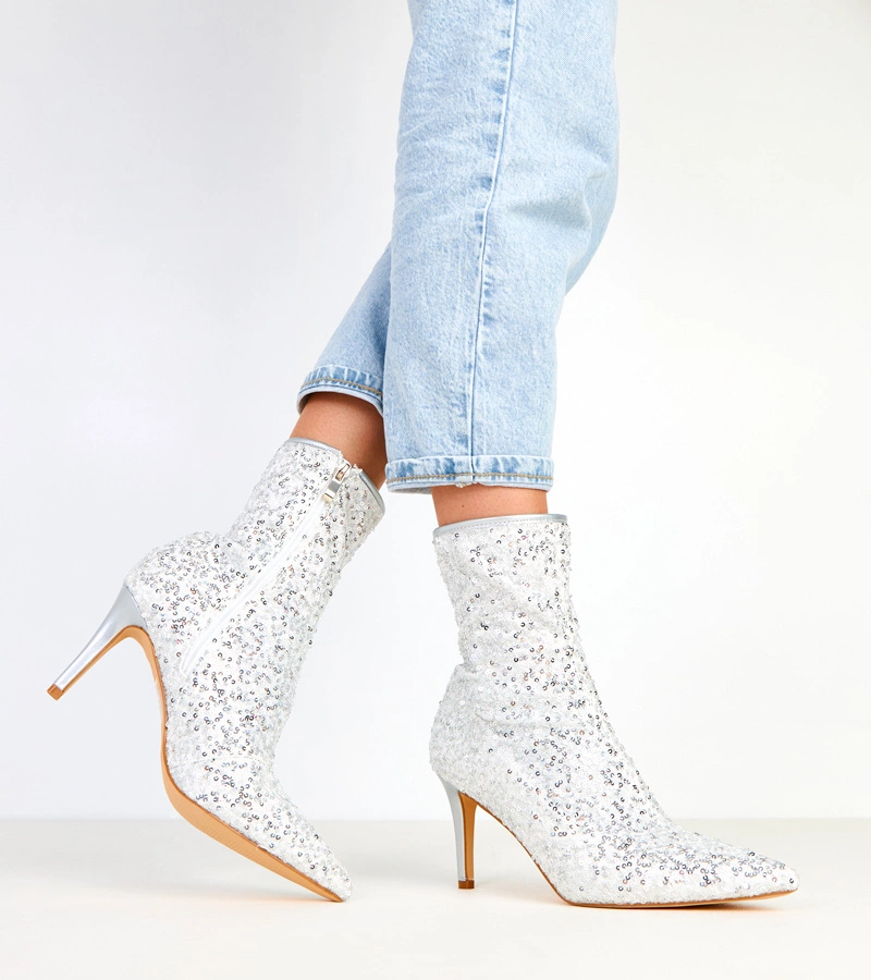 Botine argintii cu finisaj paietat pe toc înalt Venda