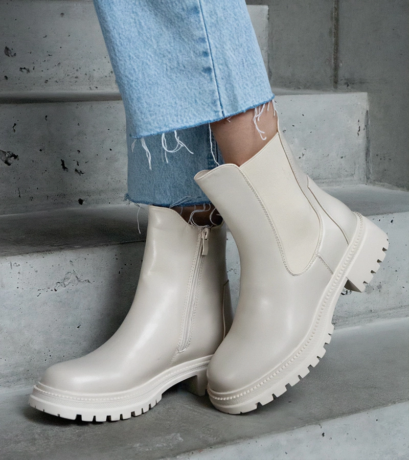 Botine bej îmblănite cu fermoar piele ecologică Alia