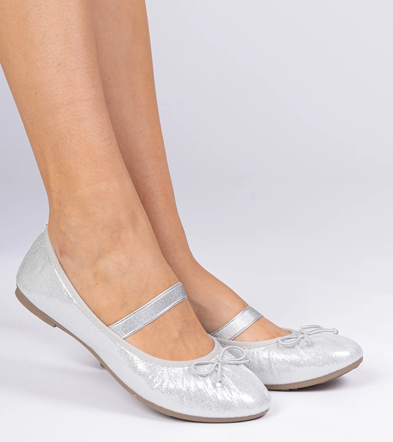 Balerini argintii de damă cu fundiță pe elastic Lerona