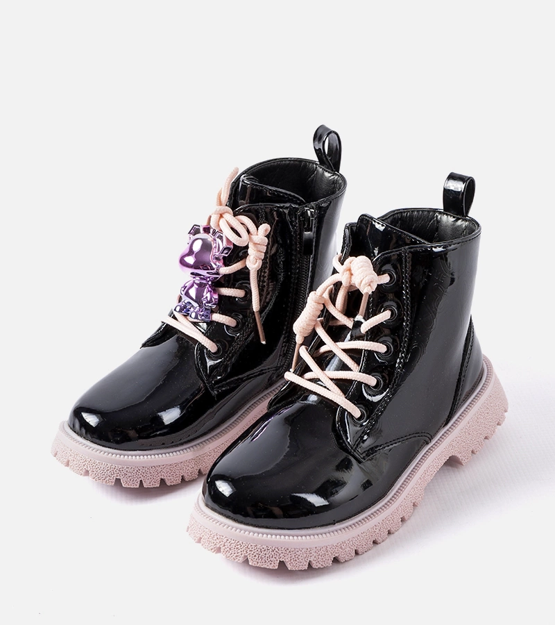 Cizme negre-roz cu lac si ursulet Orso