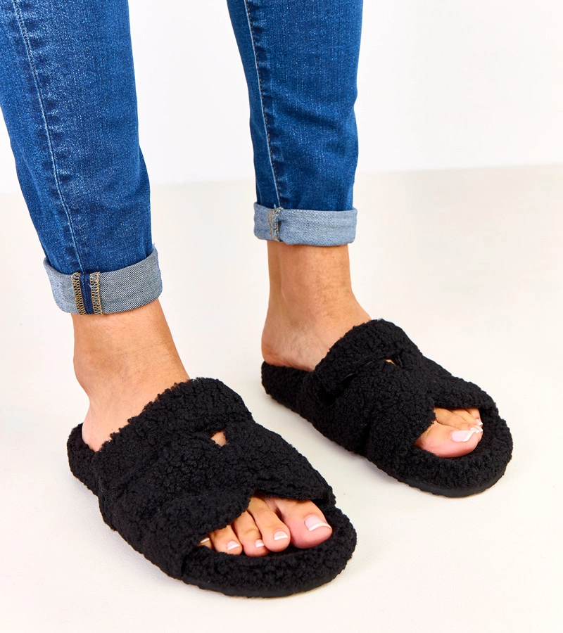 Papuci de blană negri cu vârf deschis Felissa
