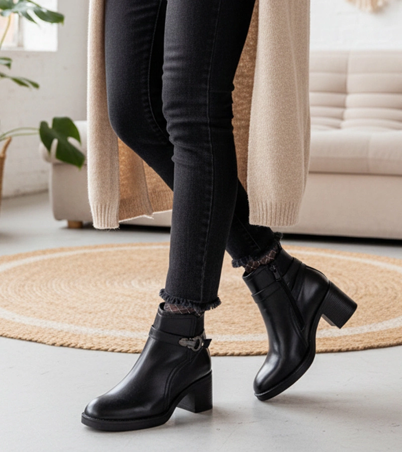 Botine negre cu toc gros și cataramă decorativă Sanada