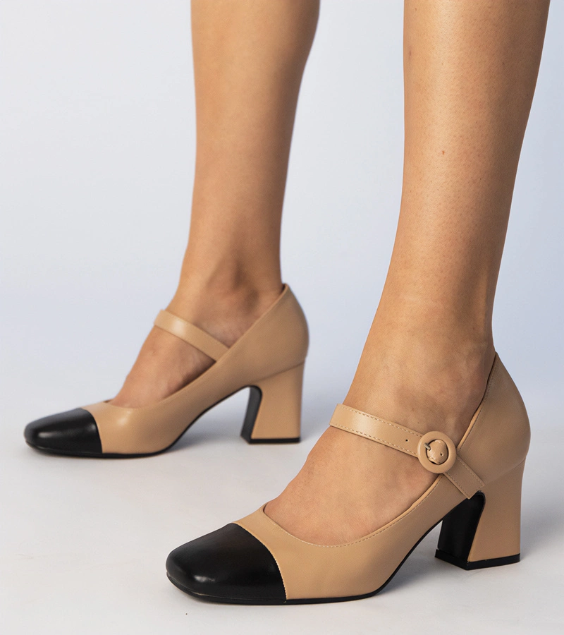 Pantofi bej pentru femei cu vârf negru Radora