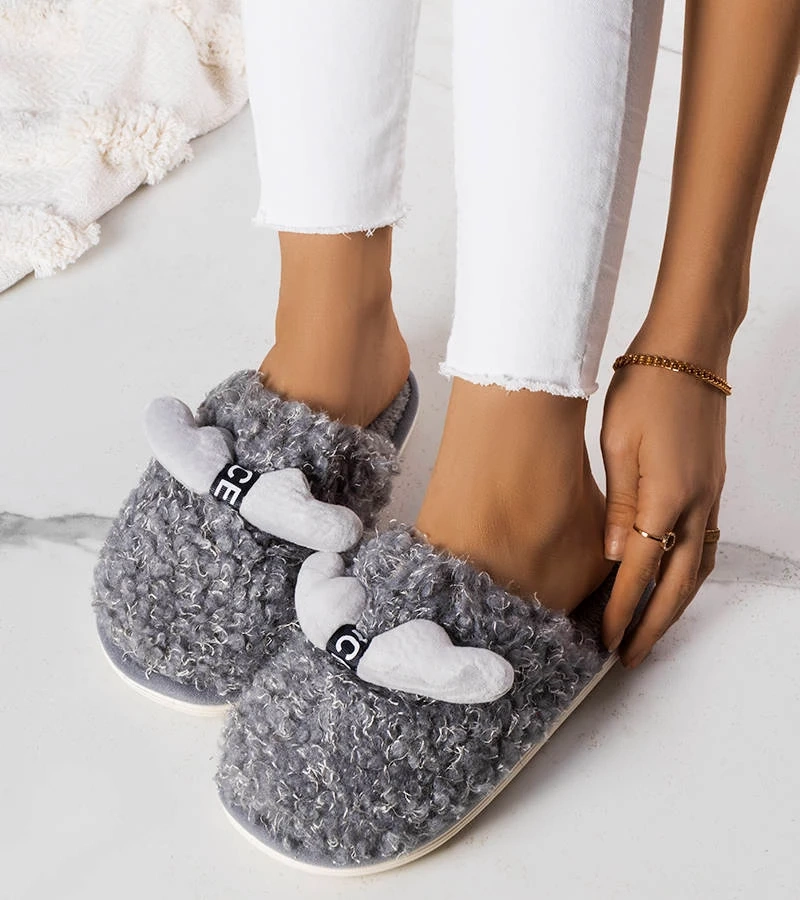 Papuci gri cu blană Rosny