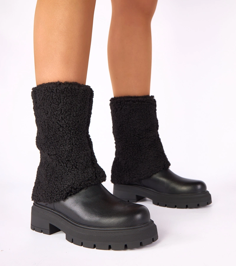 Botine negre cu caramb răsfrânt din material Darlene