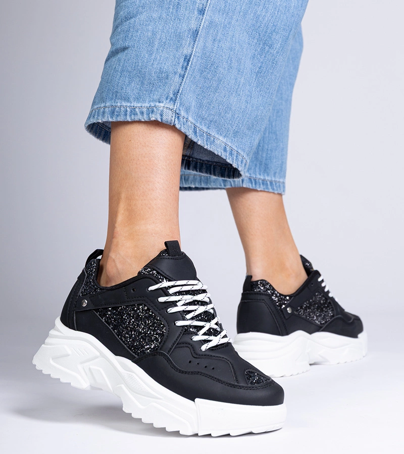 Adidași negri de damă cu inserții sclipitoare Caraballo