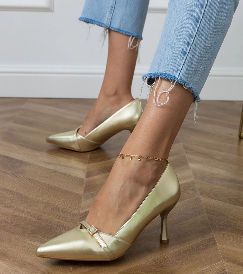 Pantofi aurii de damă clasici cu zirconii Klessa