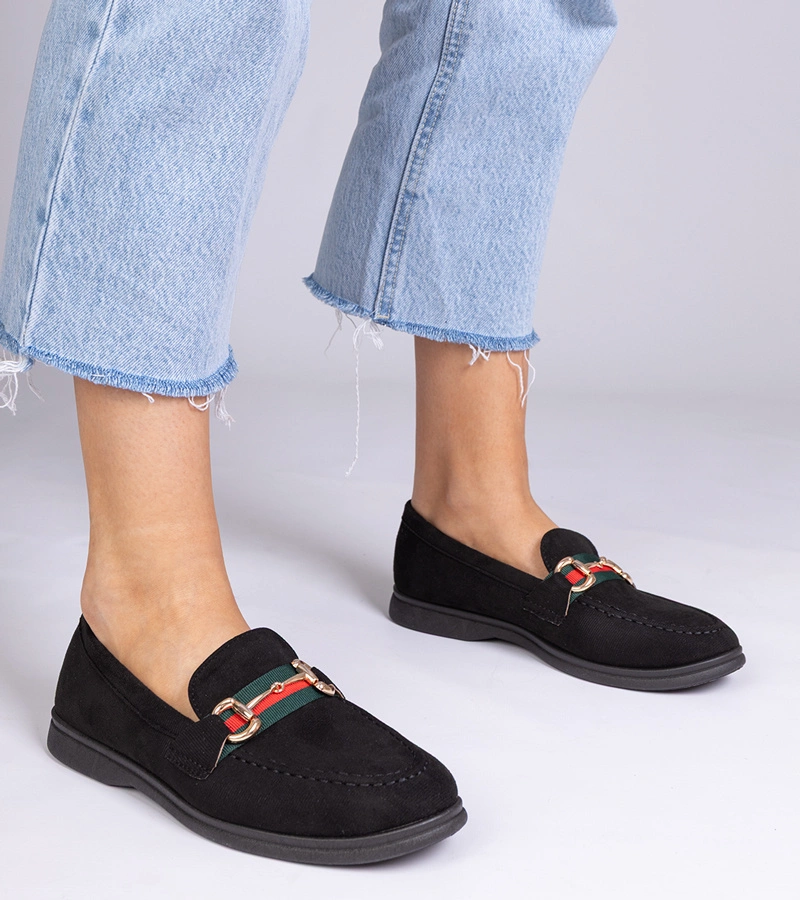 Mocasini negri din piele ecologică întoarsă cu ornament auriu Daliana