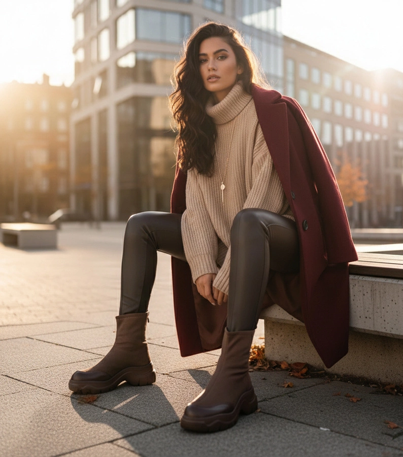 Botine maro din piele ecologică întoarsă cu talpă masivă Alana