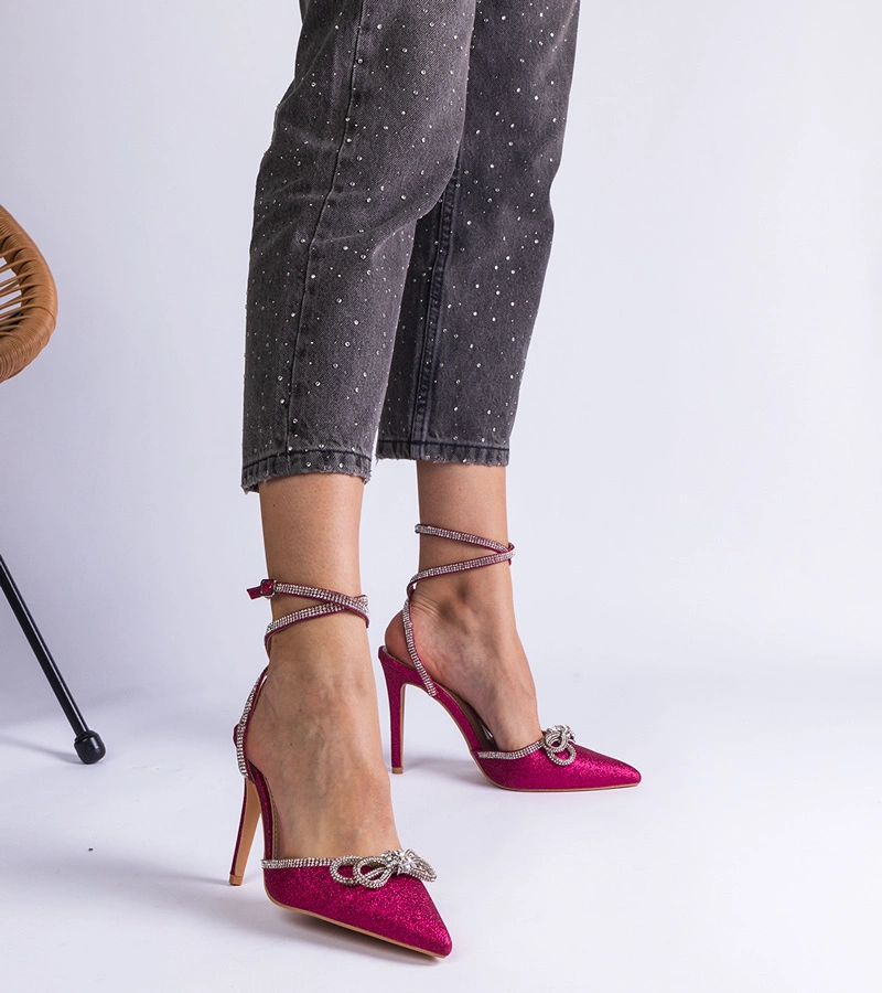 Pantofi stiletto roz cu sclipici cu fundiță și pietre zirconiu Merkuri