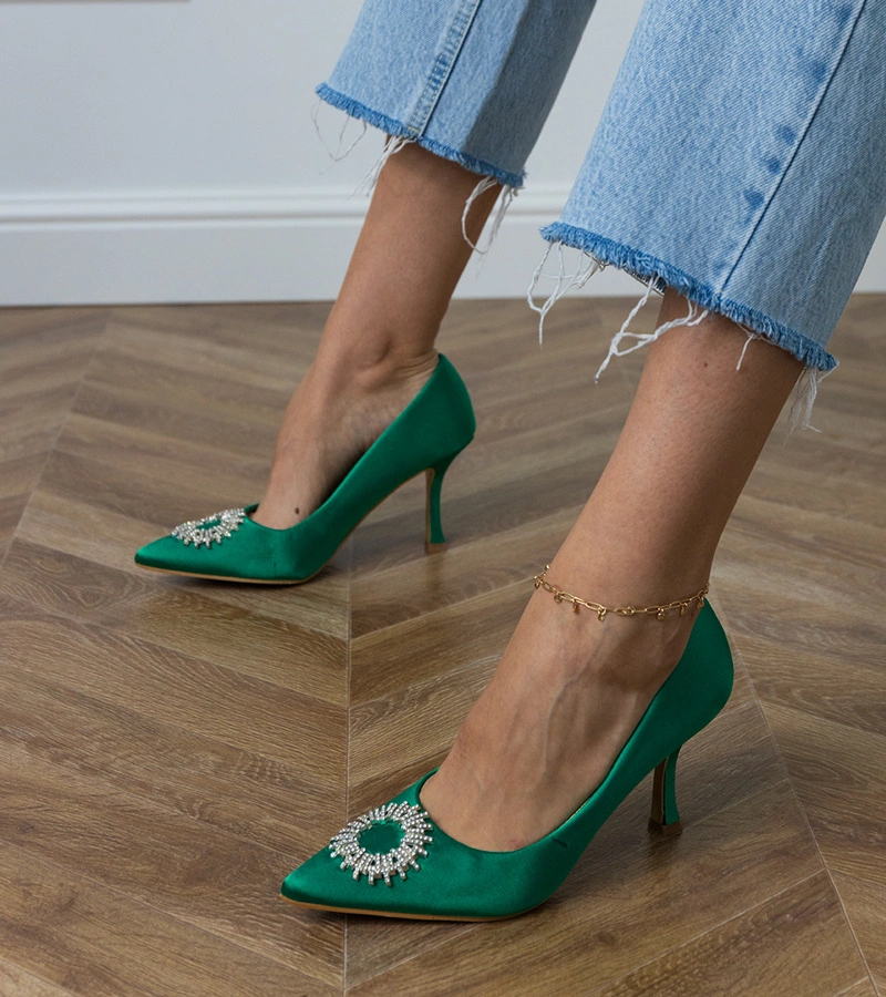 Pantofi verzi din satin cu pietre strălucitoare Bellira