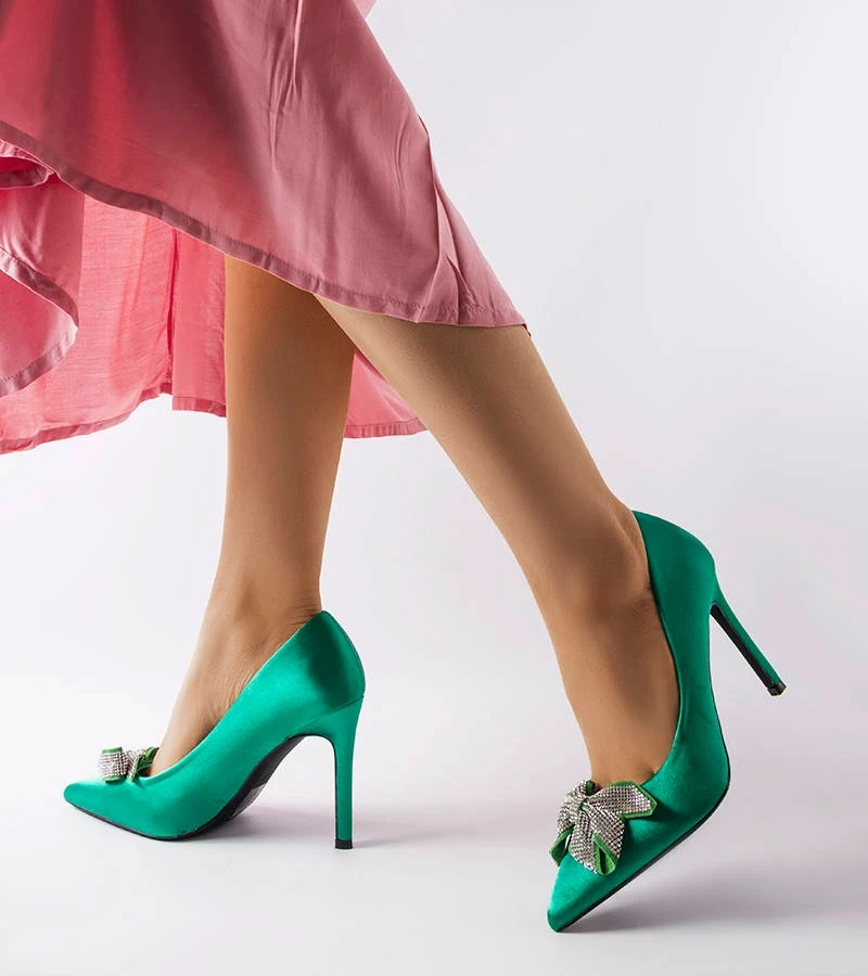 Pantofi stiletto verzi din satin cu fundiță Mia