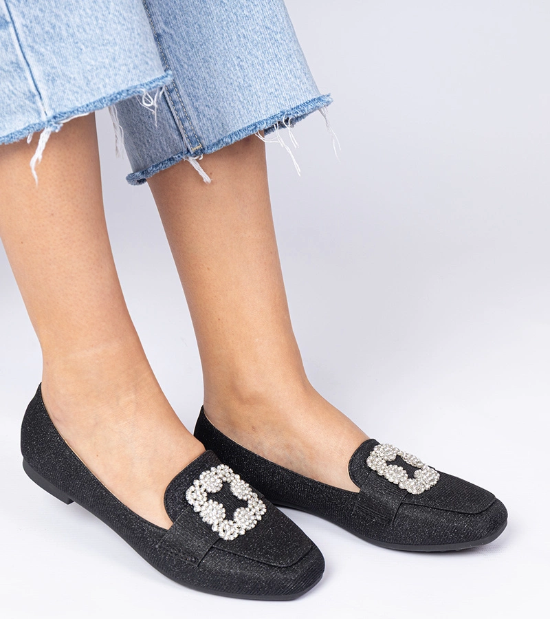 Mocasini negri cu sclipici și pietre strălucitoare Sawelia