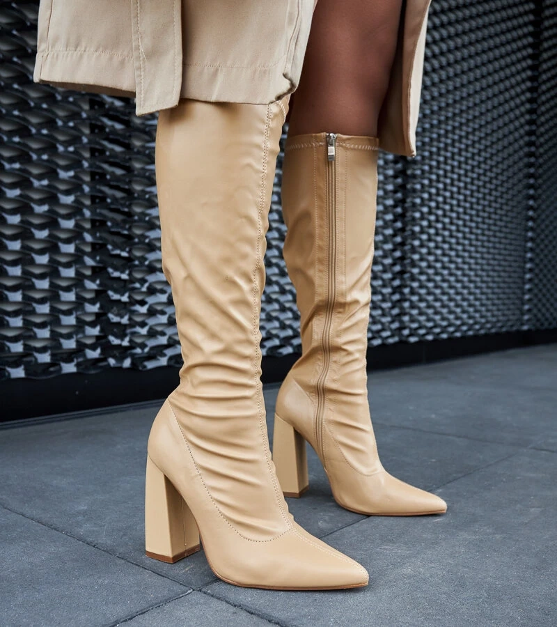 Cizme înalte bej cu toc Abelino