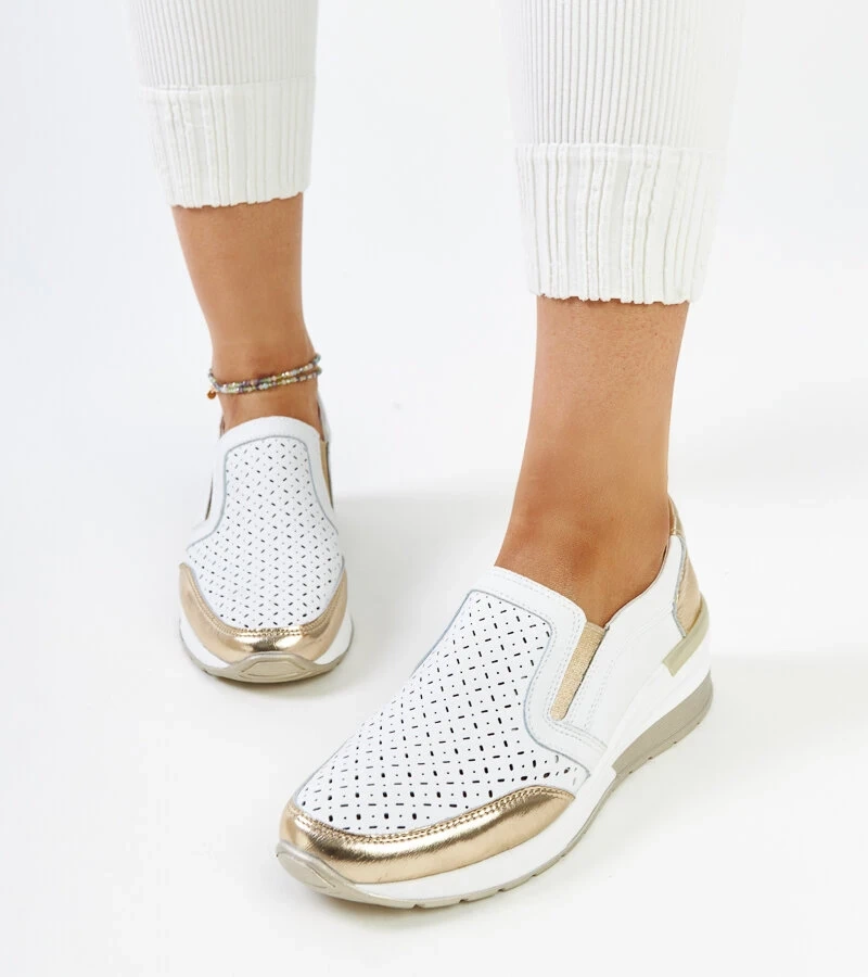 Teniși Vernon aurii-albi, perforați, cu platformă