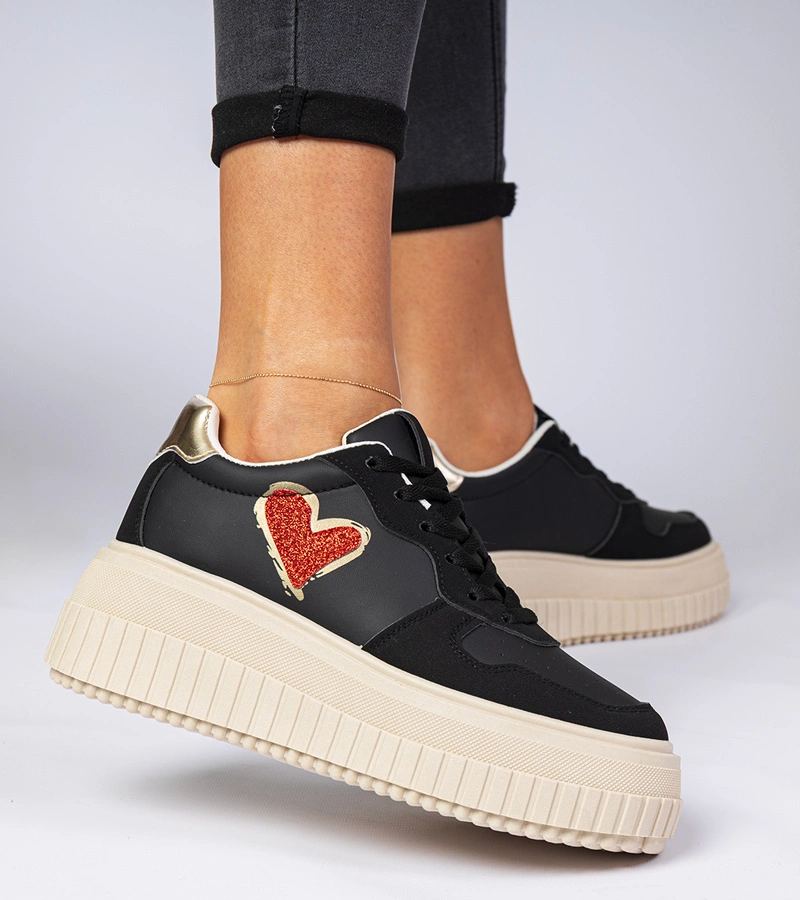 Adidași negri de damă cu inimă sclipitoare Laira