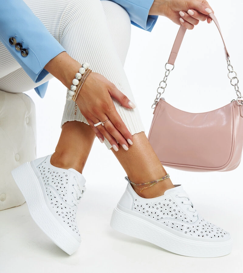 Sneakers albi de piele perforată Maisa