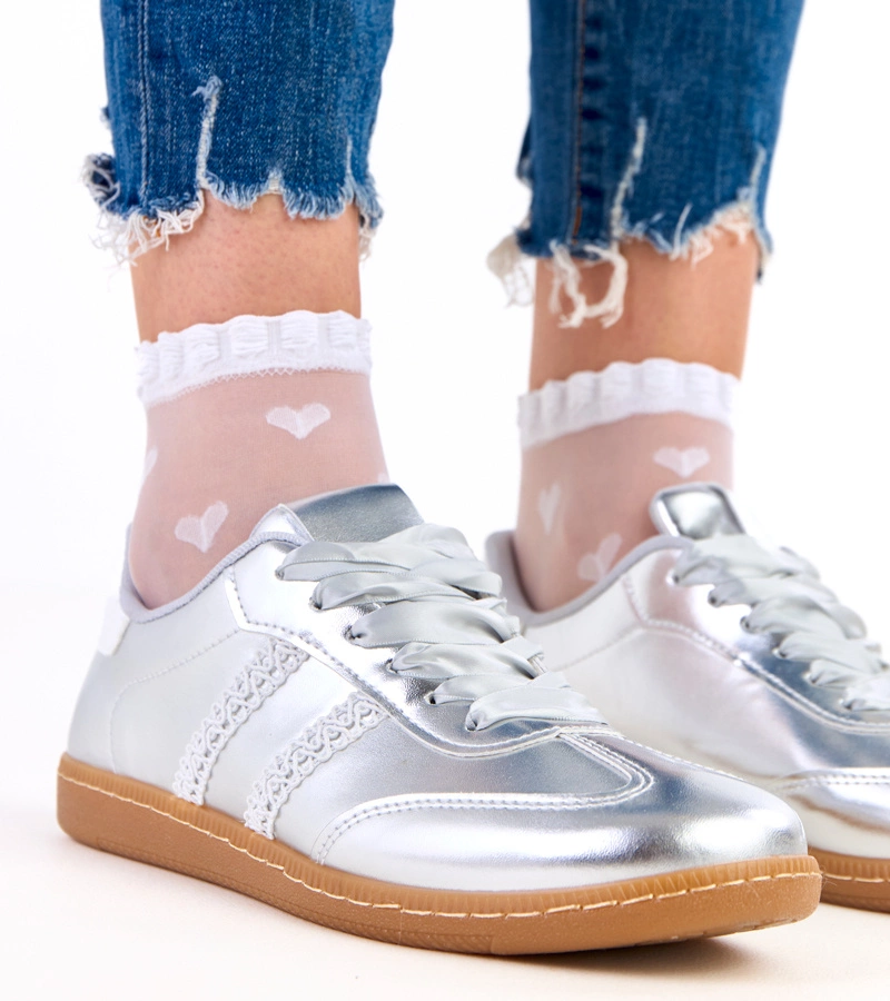 Adidași argintii de damă cu șireturi din satin Madres