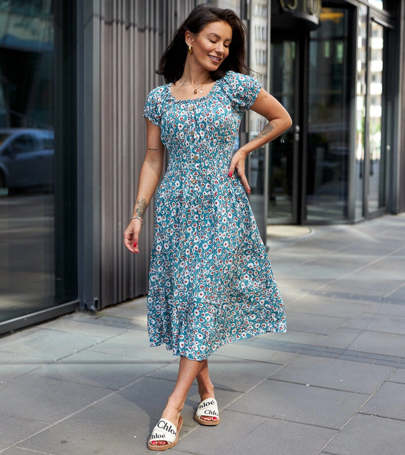 Rochie midi turcoaz cu flori Eloize