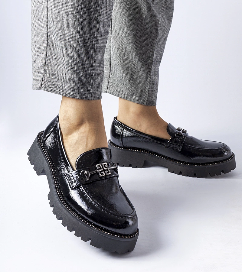 Mocasini negri lacuite cu cirkonii Casine