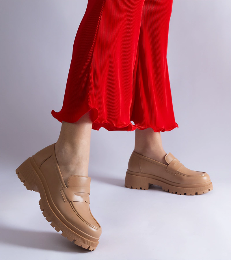 Mocasini bej închis din piele ecologică Fiorenza