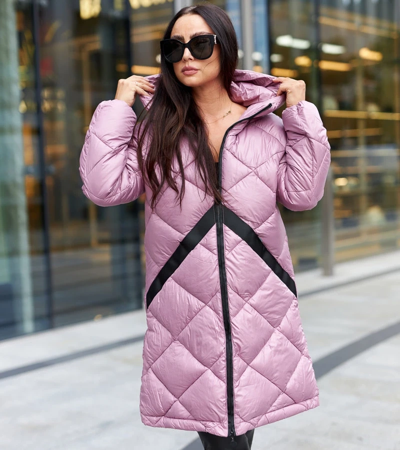 Jachetă lungă matlasată roz, cu căptușeală, de Merigo