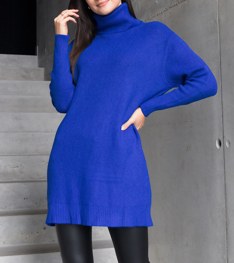 Pulover lung albastru moale cu guler înalt Kali