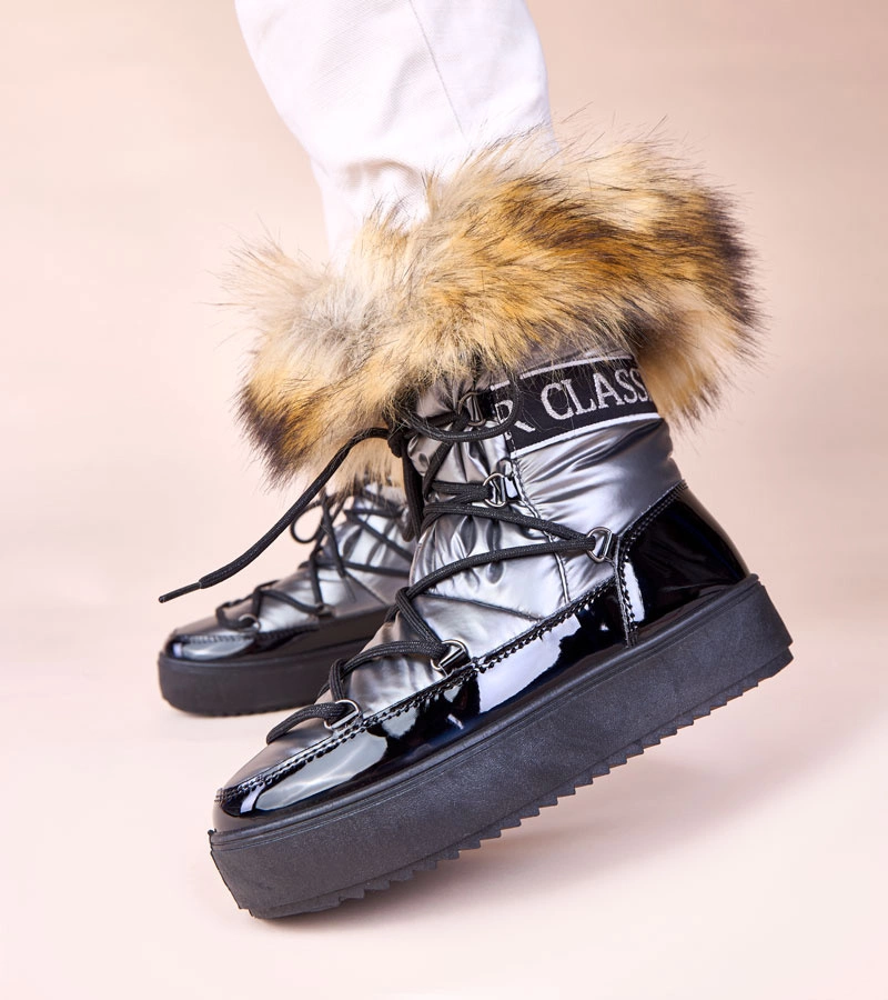 Ghete de zăpadă gri cu șireturi și blană Alison