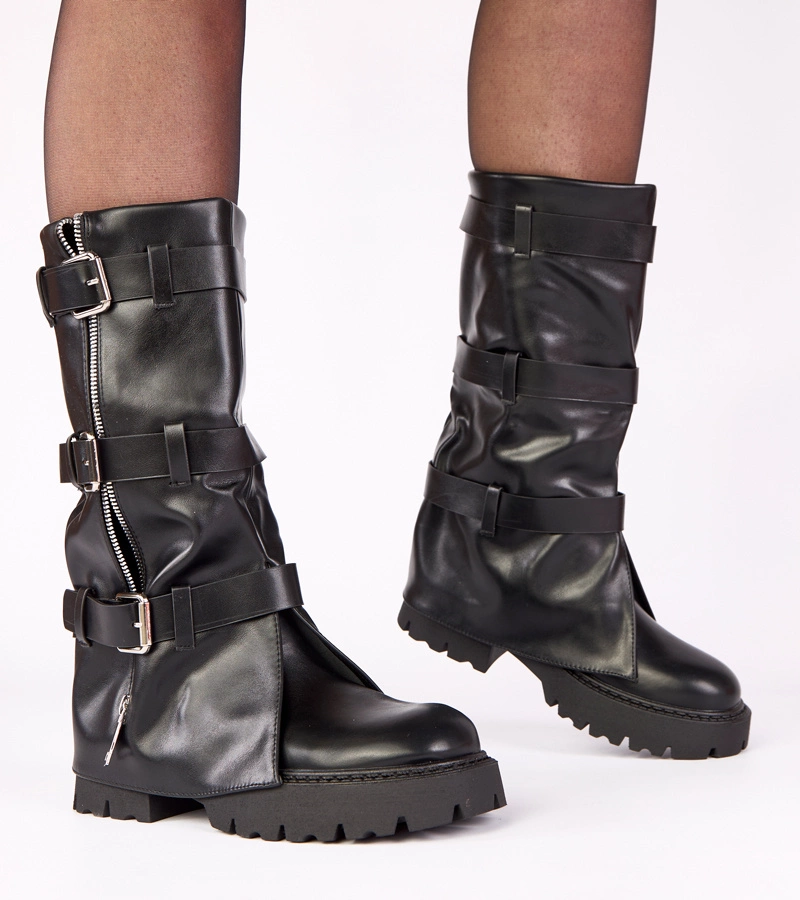 Cizme negre cu platformă și carâmb răsfrânt Colina