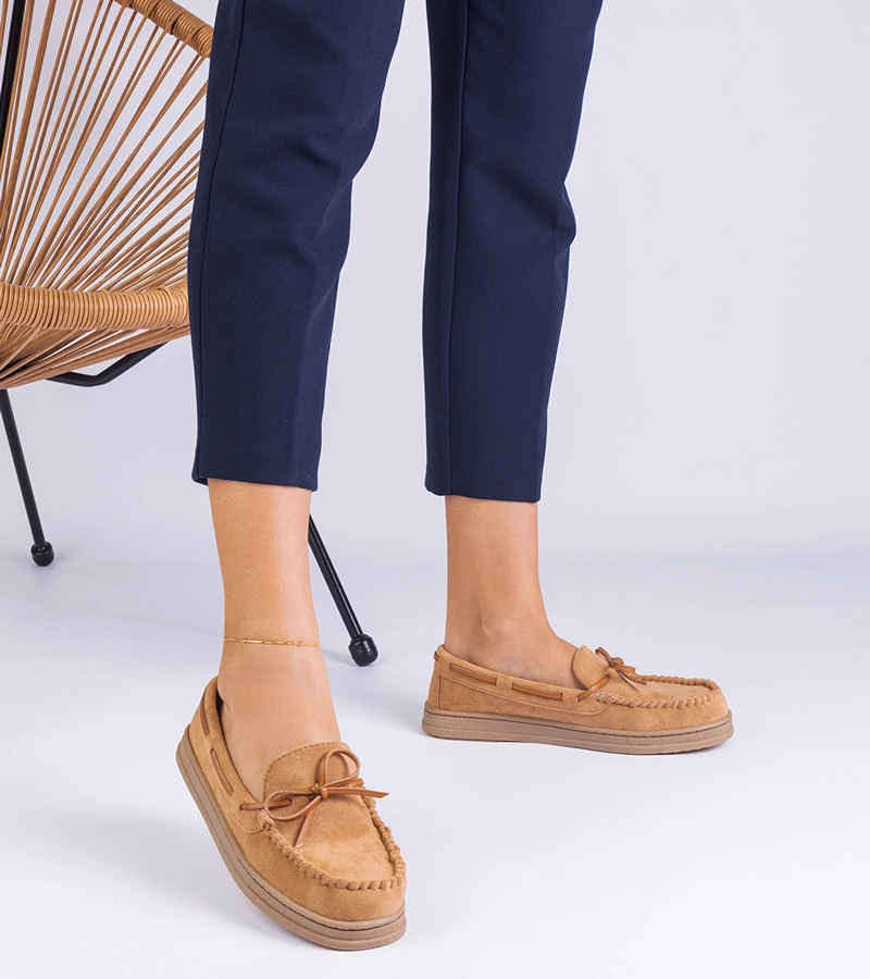 Mocasini de damă maro din piele ecologică întoarsă cu fundiță Sarina