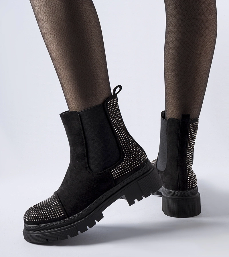 Botine negre cu cirkonii din eko-suede Grinzane