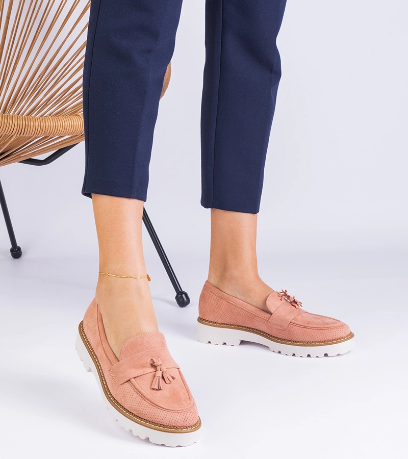 Balada mocasini de damă roz din piele ecologică întoarsă cu ornamente