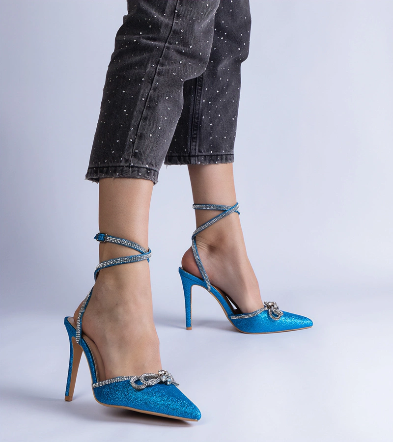 Pantofi stiletto albaștri cu sclipici cu fundiță și cristale Merkuri
