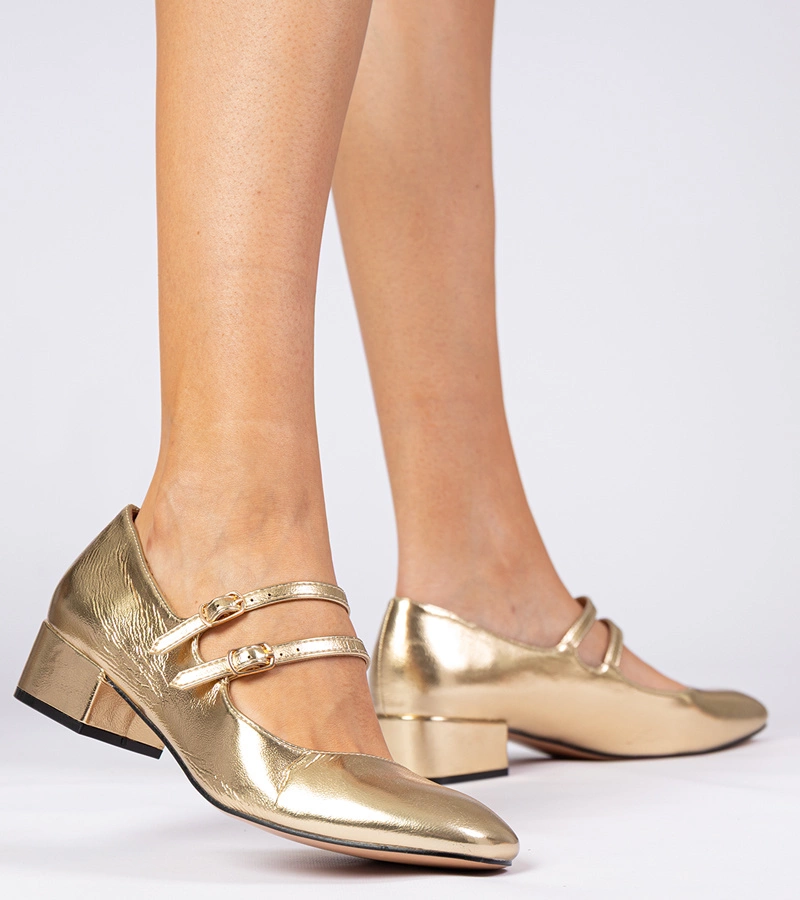 Pantofi aurii de damă cu toc și catarame Demara