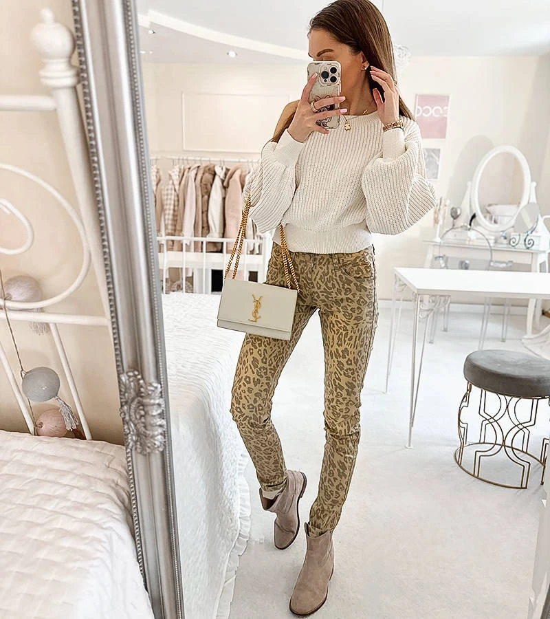 Viens pantaloni slim bej panteră