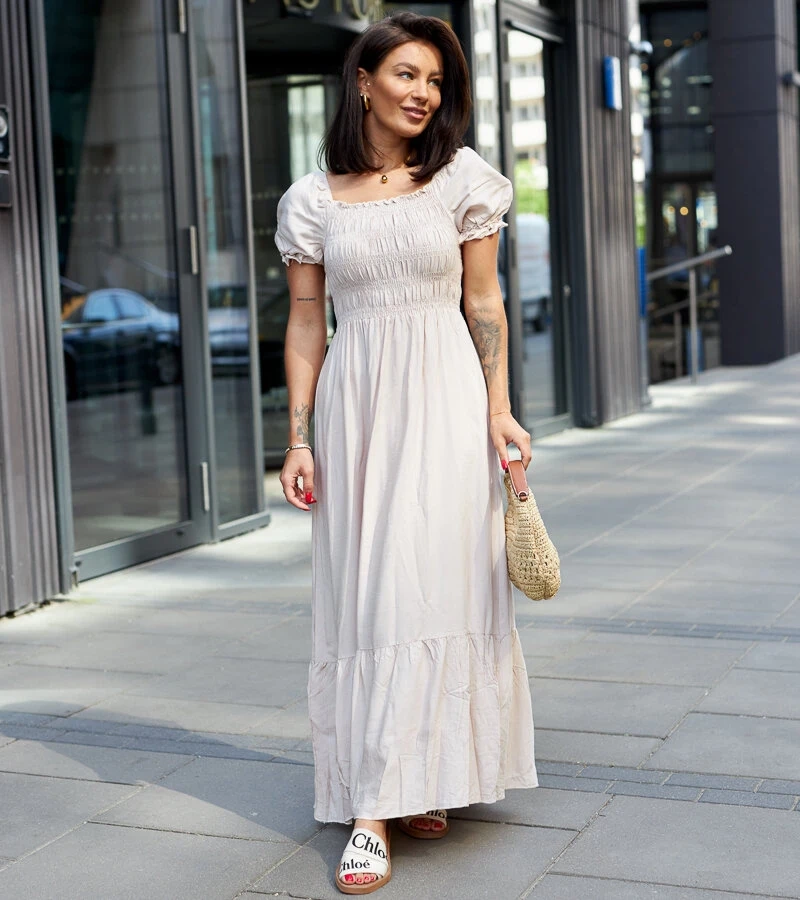 Rochie bej plisată maxi Demisa