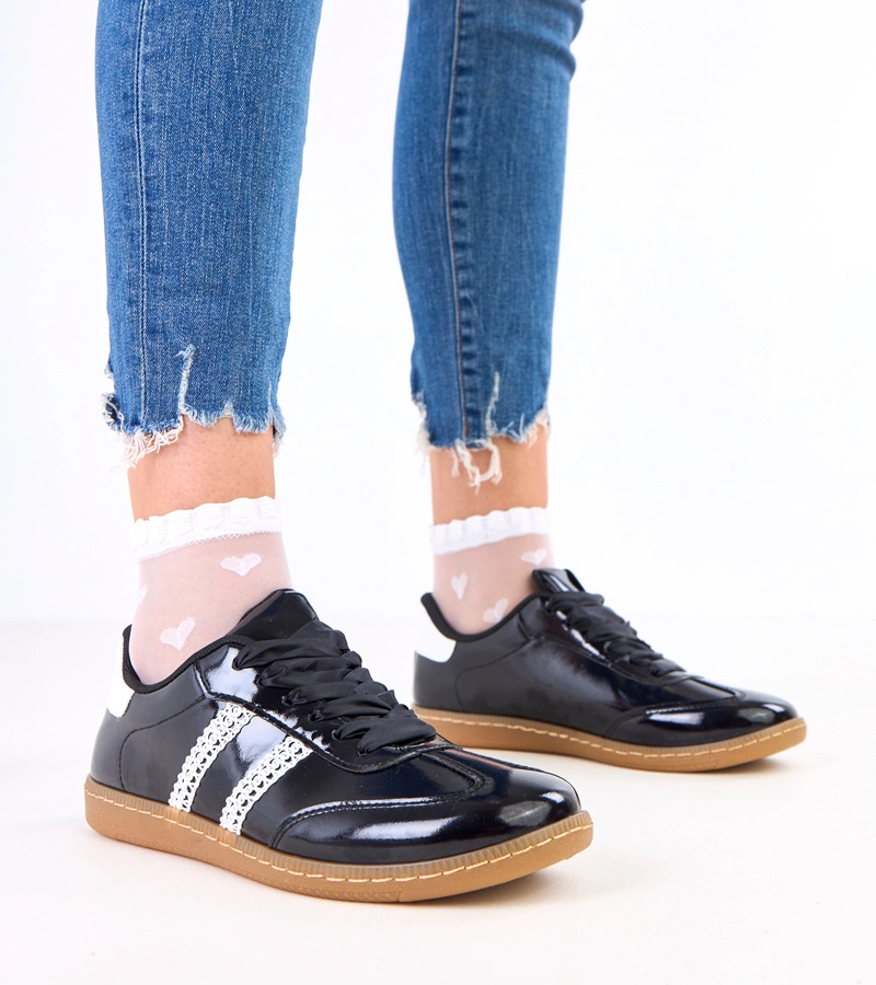 Adidași negri de damă cu șireturi satinate Madres