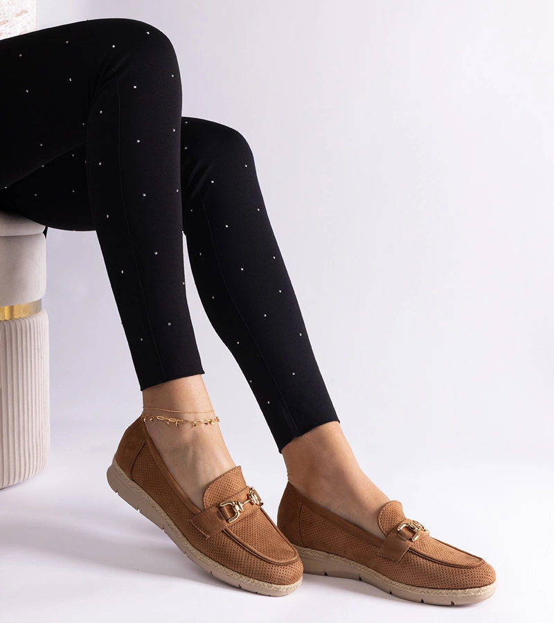 Mocasini de damă din piele ecologică întoarsă caramel Sandoval