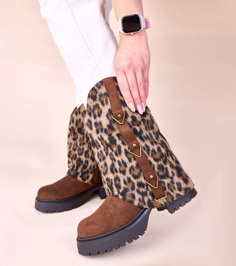 Botine maro cu carâmb îndoit cu imprimeu de leopard Kaylia