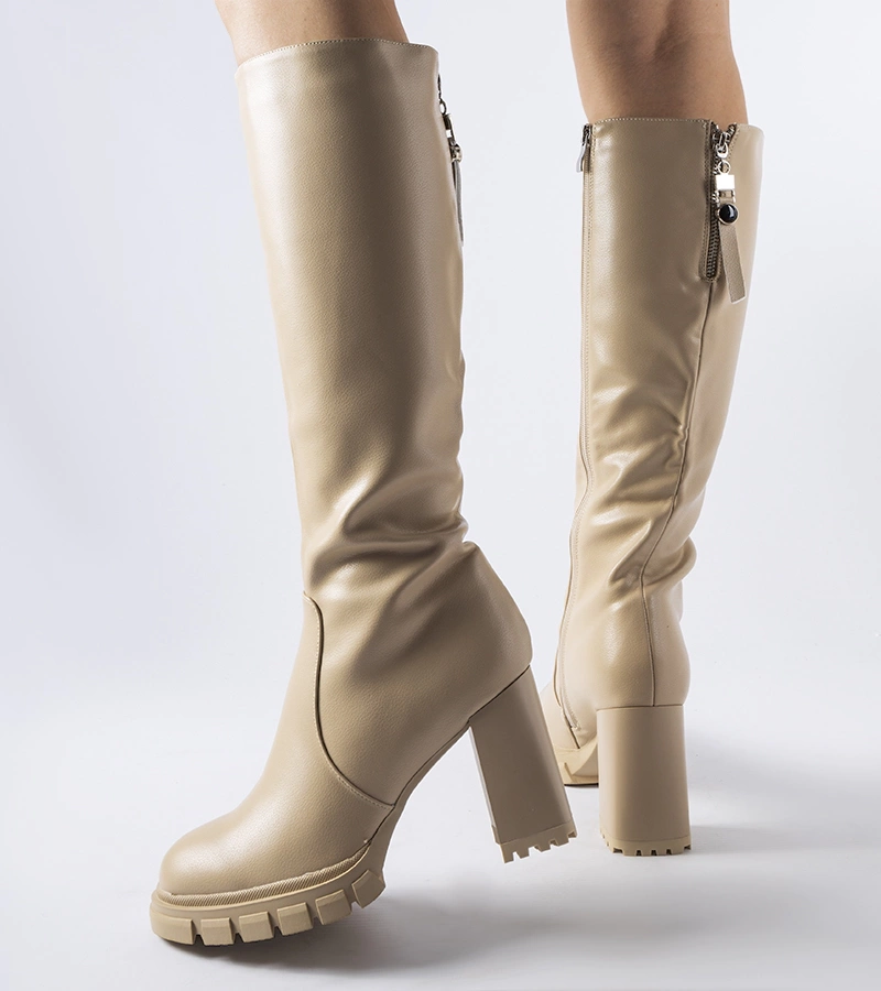 Cizme lungi calde bej cu toc Cavalese